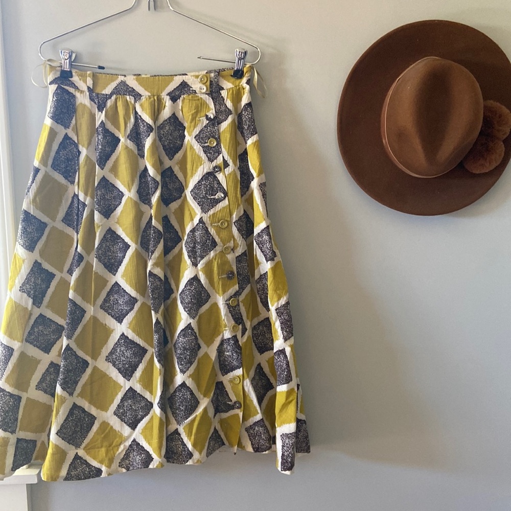 Anthropologie Yellow and Gray Diamond-Print Midi Skirt